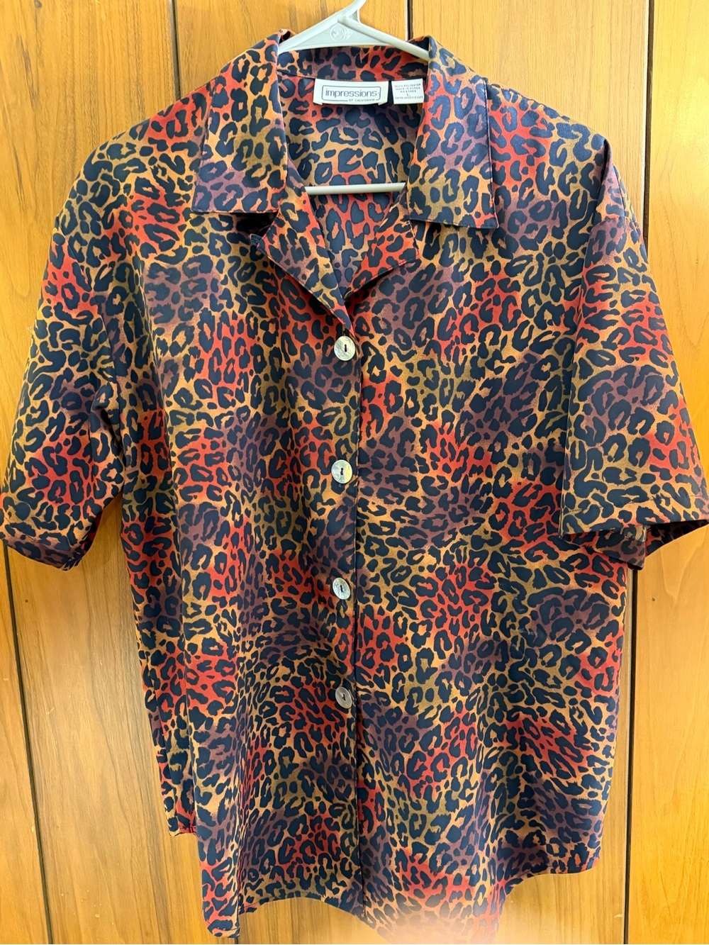 Impressions Short Sleeve Leopard Print Button-Up - Red, Purple, Brown, Black